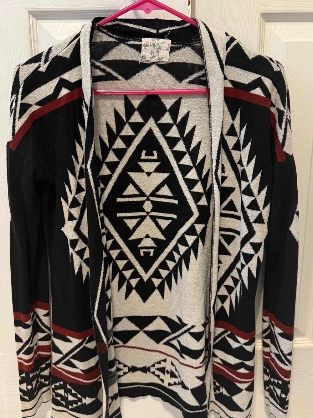 Hippie Rose Black White Cardigan with Rust Accent
